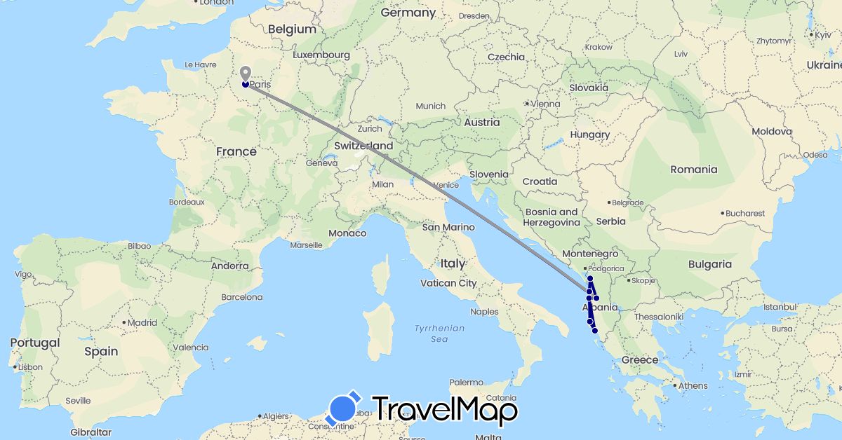 TravelMap itinerary: driving, plane in Albania, France (Europe)
